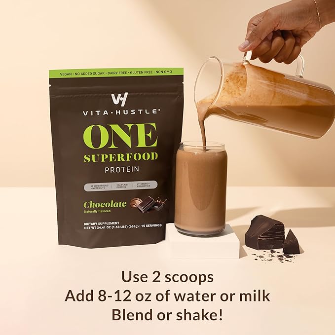 VitaHustle ONE - Superfood Meal Replacement Powder, Plant Based Protein Shake Powder, Vegan. 86 Superfoods, Vitamins, & Minerals, Ashwagandha, Adaptogens. Founded by Kevin Hart. (Chocolate 2-Pack)