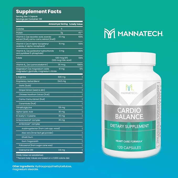 Mannatech CardioBALANCE®, Formulated with Folic Acid, L-Arginine & CoQ10, Vitamin C, Vitamin E, Vitamin B6 & Vitamin B12-90 Capsules.