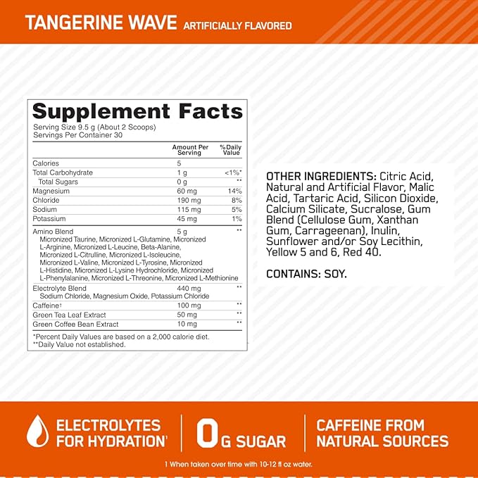 Optimum Nutrition Amino Energy Powder Plus Hydration, with BCAA, Electrolytes, and Caffeine, Tangerine Wave, 30 Servings (Packaging May Vary)
