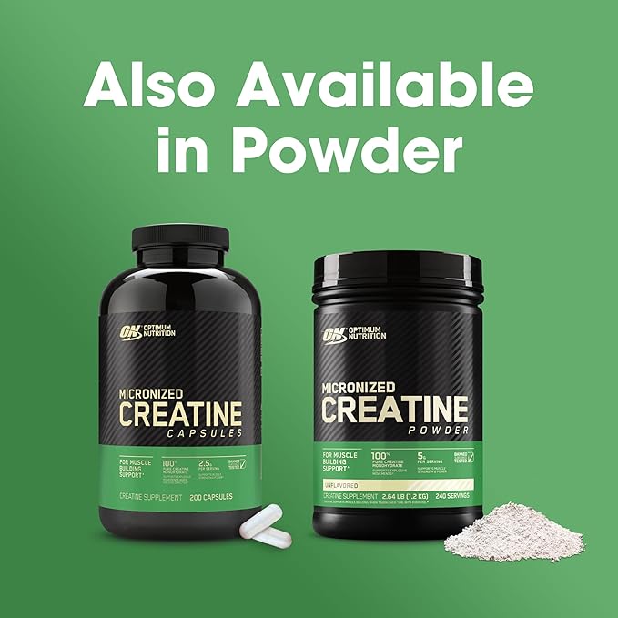 Optimum Nutrition Micronized Creatine Monohydrate Capsules, Keto Friendly, 2500mg, 200 Capsules (Packaging May Vary)
