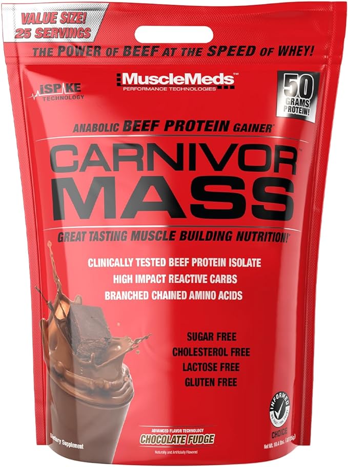 MuscleMeds Carnivor Mass Anabolic Beef Protein Gainer, Chocolate Fudge, 10.4 Pounds,Brown,003679