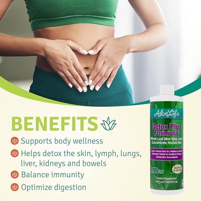 Aloe Life – Detox Plus Formula, Aloe-Based Detox Supplement, Aloe Vera Juice Cleanse, Promotes Healthier Digestion, Concentrated Herbal Tonic, Gut Health Detox for General Wellness (Lemon Lime, 16oz.)