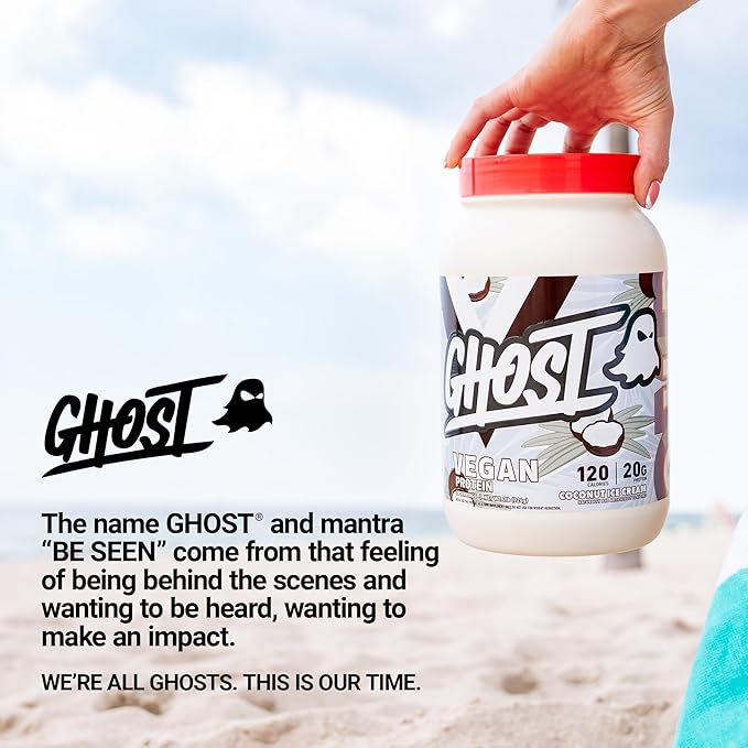 GHOST Vegan Protein Powder, Coconut Ice Cream - 2LB Tub, 20G of Protein - Plant-Based Pea, Organic Pumpkin & Watermelon Seed Protein Blend - Flavored Post Workout Shakes - Soy & Gluten Free