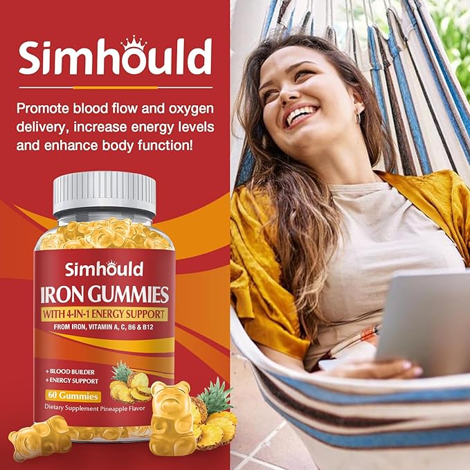 1 Pack Vegan 80MG Iron Supplement Gummies for Women & Men - Vitamin A, C, B for Adults & Kids - Blood Builder & Energy Support for Iron Deficiency, Anemia - 60 Counts Pineapple Flavor Gummies