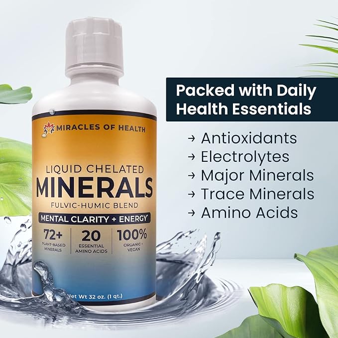 Liquid Chelated Minerals - 72+ Major & Minor Trace Minerals, 20 Essential Amino Acids - Natural plant-based minerals - 100% Organic Humic Fulvic Minerals - 1 Month Supply, 32 fl. oz