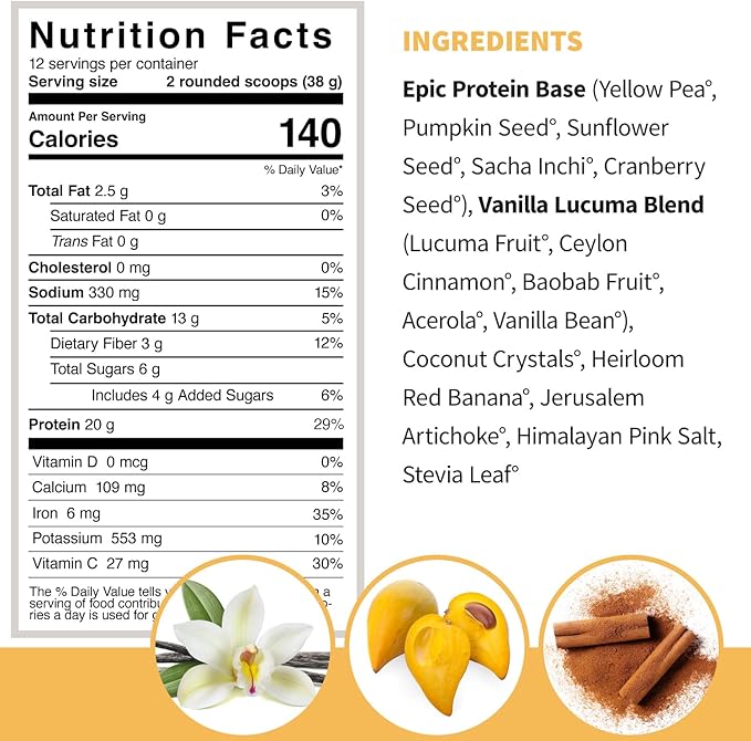 Sprout Living Epic Protein, Plant Based Protein & Superfoods Powder, Vanilla Lucuma Powder | 20 Grams Organic Protein Powder, Vegan, Non Dairy, Non-GMO, Gluten Free, Low Sugar (1 Pound, 12 Servings)