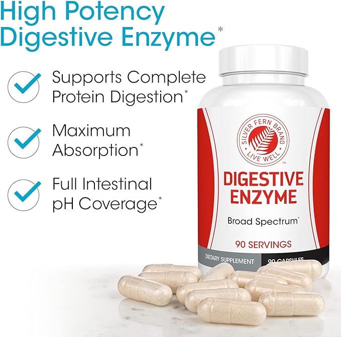 Silver Fern Brand Ultimate Digestive Enzyme Supplement - 1 Bottle = 90 Capsules - High Potency, Multi Enzyme - Digestive Comfort & Food Tolerance - Hemicullulase, Peptidase, Maltase, More