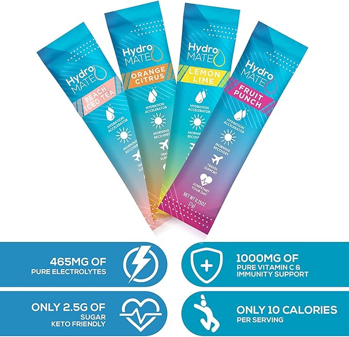 NatureWorks HydroMATE Electrolytes Powder Drink Mix Packets Hydration Accelerator Low Sugar Rapid Party Relief Plus Vitamin C Variety Pack 90 Count