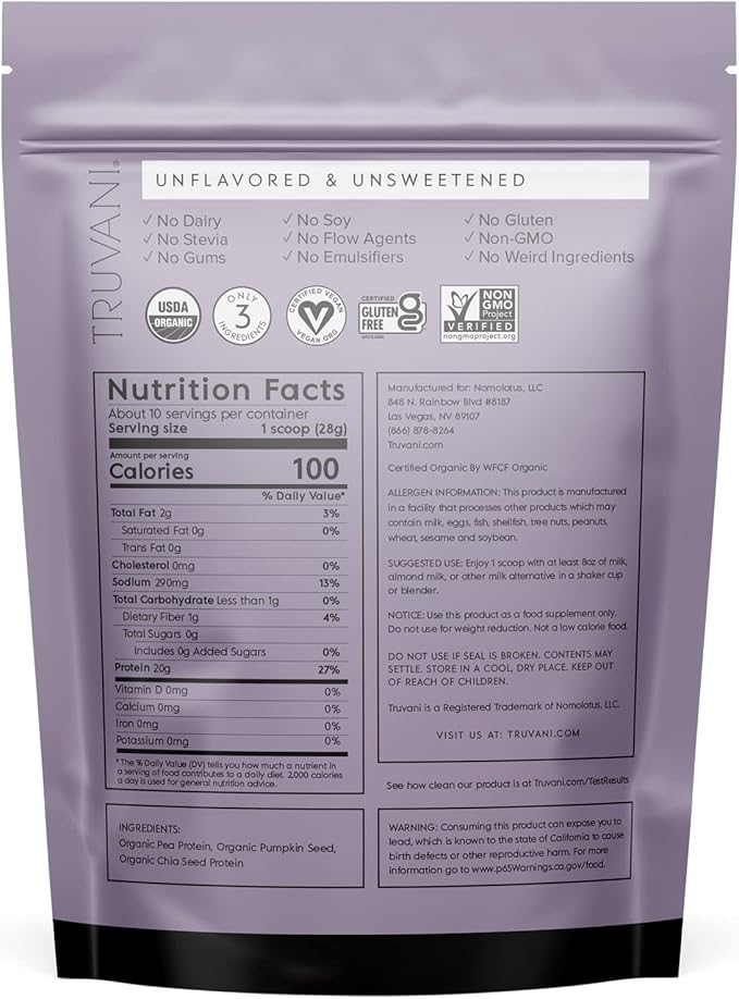 Truvani Vegan Pea Protein Powder | Unflavored | 20g Organic Plant Based Protein | 10 Servings | Keto | Gluten & Dairy Free | Low Carb | No Added Sugar