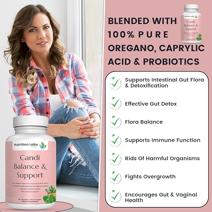 Candida Yeast Cleanse Supplement for Women & Men. Gut Flora & pH Level, Intestinal Health W/Probiotics. Anti Yeast Overgrowth W/Oregano, Caprylic Acid 60 CT