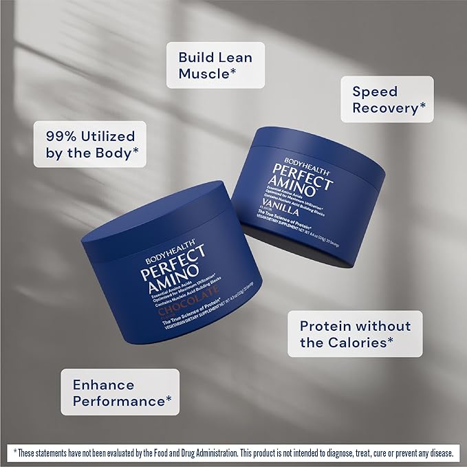 BodyHealth PerfectAmino Powder - BCAA and EAA Powder for Pre and Post Workout - Amino Acid Energy Drink Powder for Men and Women to Support Lean Muscle and Recovery - Chocolate - 20 Servings