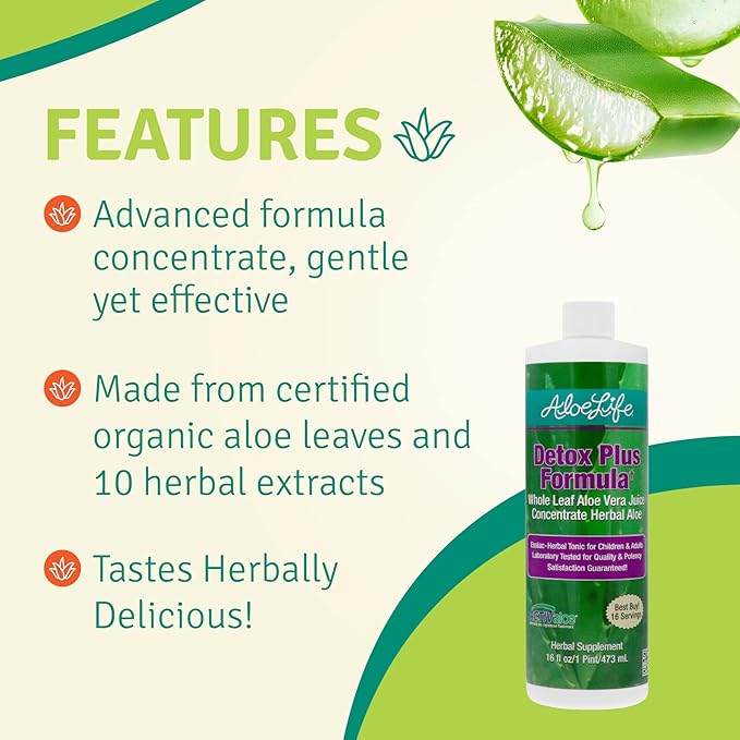 Aloe Life – Detox Plus Formula, Aloe-Based Detox Supplement, Aloe Vera Juice Cleanse, Promotes Healthier Digestion, Concentrated Herbal Tonic, Gut Health Detox for General Wellness (Lemon Lime, 16oz.)