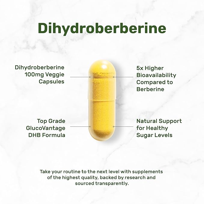 Dihydroberberine 100mg Per Serving, 120 Veggie Capsules – 5X More Bioavailable Than Berberine HCL – Heart Health Supplement – GlucoVantage Formula, Vegan, Non-GMO
