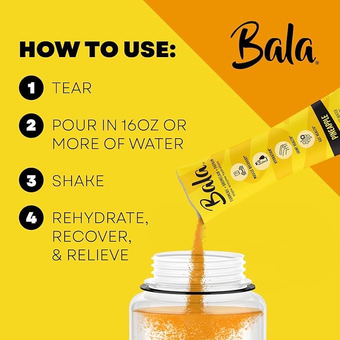 BALA Hydration Turmeric Drink Mix Packet | Sugar-Free Electrolyte Powder, Muscle Recovery, Immune Support, Joint Relief | Plant-Based Enzymes, Bromelain -Variety 1 Count (Pack of 30)