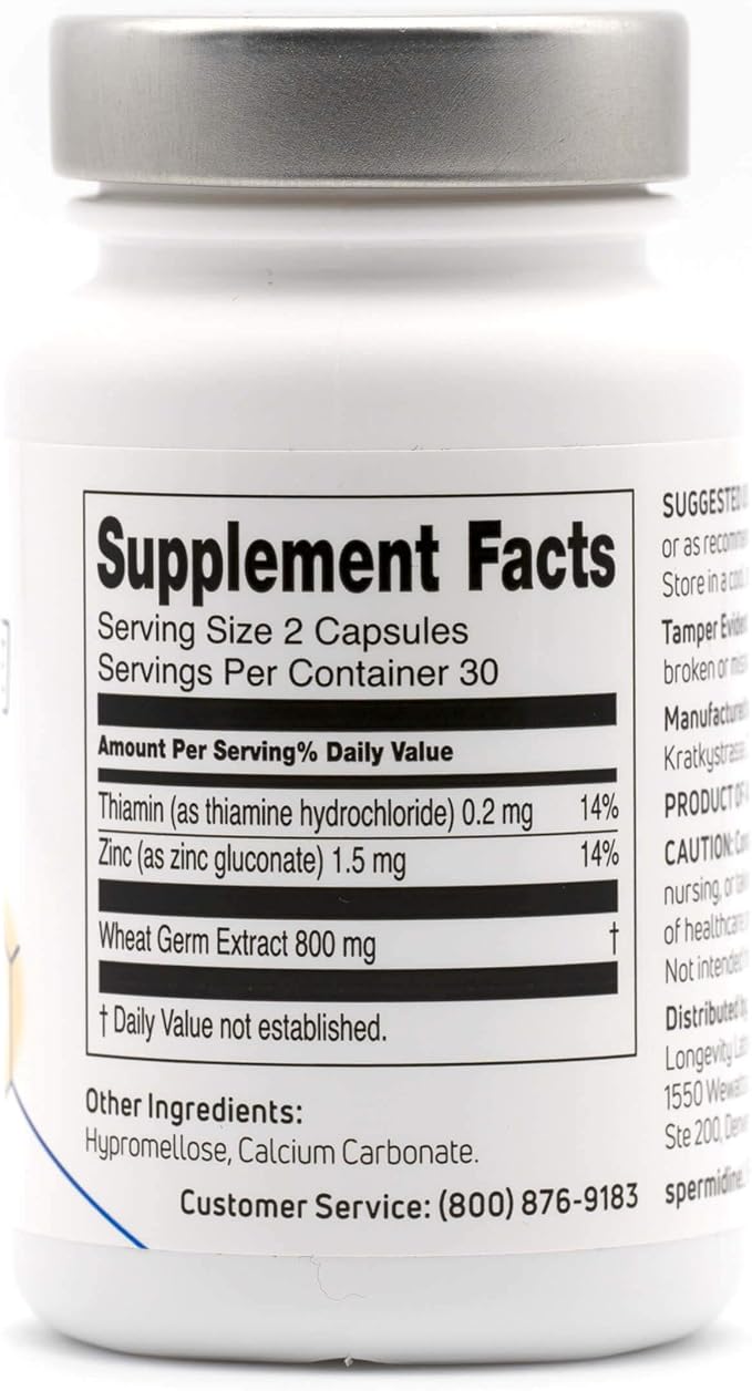 spermidineLIFE Natural Supplement, Plant-Based, Wheat Germ Extract with High Spermidine Content and Zinc for Cell Renewal, Vegan-Friendly, 60 Capsules