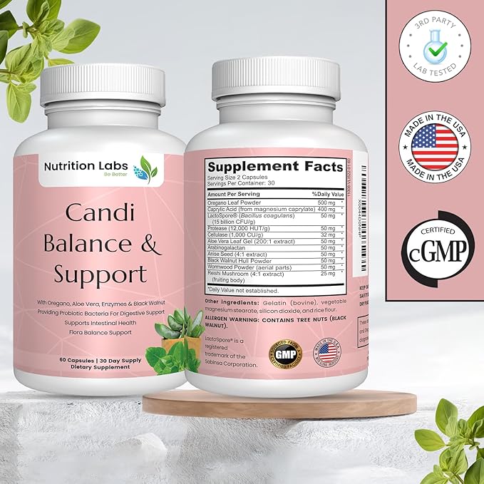 Candida Yeast Cleanse Supplement for Women & Men. Gut Flora & pH Level, Intestinal Health W/Probiotics. Anti Yeast Overgrowth W/Oregano, Caprylic Acid 60 CT