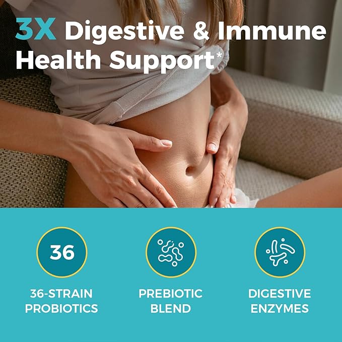 NewRhythm Probiotics 120 Billion CFU 36 Strains, 3-in-1 Probiotics for Digestive Health & Immune Support with Prebiotics & Enzymes, Probioticos for Women & Men, Vegan Targeted Release Supplement, 60ct