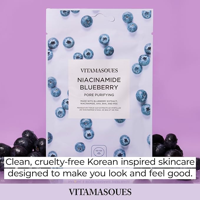 Vitamasques Niacinamide Blueberry Face Sheet Mask 7 Pack - Pore Purifying Korean Face Mask Improves Uneven Skin Tone & Reduces Blemishes