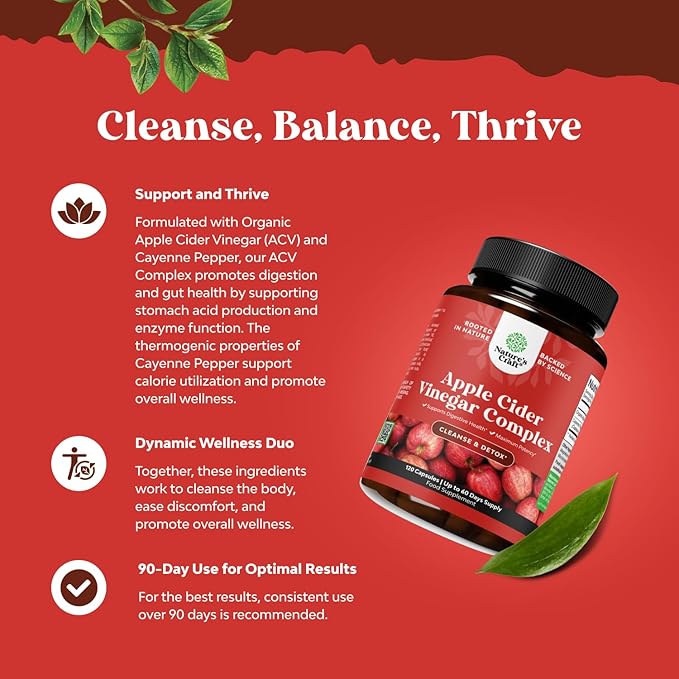 Cleansing Apple Cider Vinegar Capsules - ACV Cleanse and Detox Pills for Gut and Digestive Health with Slimming Cayenne - Extra Strength ACV Capsules for Gut Cleanse and Full Body Detox (60 Servings)
