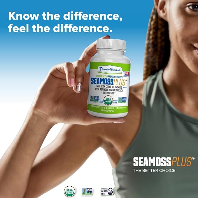 Power By Naturals Sea Moss Plus - USDA Organic Irish Sea Moss Capsules w/Wild Harvested Irish Seamoss, Bladderwrack & Burdock Root Immunity Supplement Sea Moss Pills for Adult 60Ct - 1 Pack