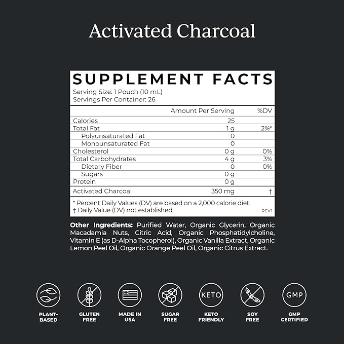 CYMBIOTIKA Activated Charcoal Liquid Supplement with Vitamin E, Gut Health & Digestive Support for Adults, Helps Cleanse, Detox, Support Gas, Bloating, Lemon Cream Flavor, Vegan, 10ml Pouches, 26 Pack