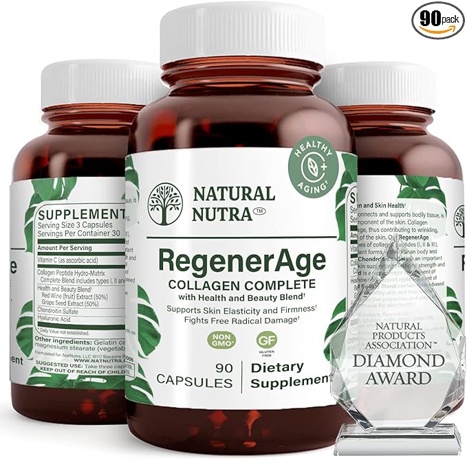 Natural Nutra RegenerAge Complete Supplement for Skin Health with Protein Peptides, Reduce Stretch Marks, Contributes Overall Health, Vitamin C, Grape Seed Red Wine Extract, Gluten Free, 90 Capsules.