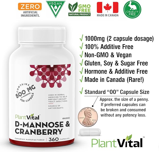 Plantvital D Mannose Capsules with Cranberry - D-mannose 1000mg Capsules - High Potency for Bladder, Kidney and Urinary Tract Support. Cranberry Powder with Hibiscus and Dandelion. 6 Months Supply