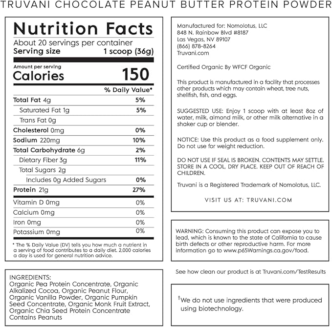 Truvani Vegan Pea Protein Powder | Chocolate Peanut Butter | 20g Organic Plant Based Protein | 20 Servings | Keto | Gluten & Dairy Free | Low Carb | No Added Sugar