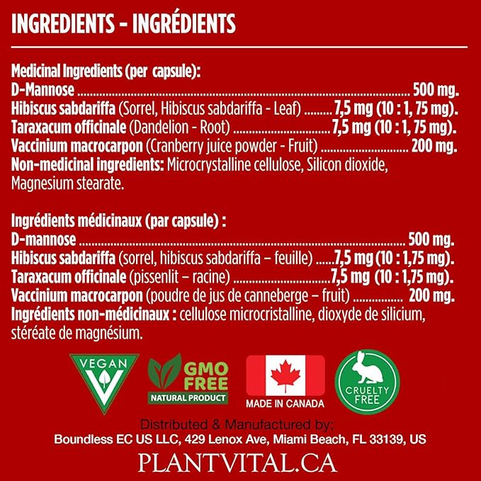 Plantvital D Mannose Capsules with Cranberry - D-mannose 1000mg Capsules - High Potency for Bladder, Kidney and Urinary Tract Support. Cranberry Powder with Hibiscus and Dandelion. 2 Months Supply