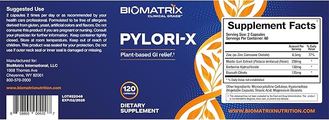 Pylori-X for H. Pylori Defense | Matula Tea Alternative w/Mastic Gum, Berberine, Zinc Carnosine, Bismuth Salts | Microbiome Balance, Digestive Relief (120 Capsules)