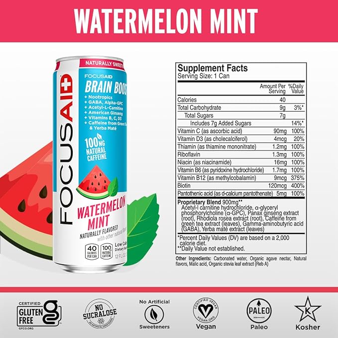 FOCUSAID Energy Drink, Brain Boost, Juicy Watermelon, Nootropics, Alpha-GPC, GABA, B-Complex, 100mg Caffeine, Yerba Mate, Green Tea, 100% Clean, No Artificial Sweeteners, 12 Oz(Pack of 12)