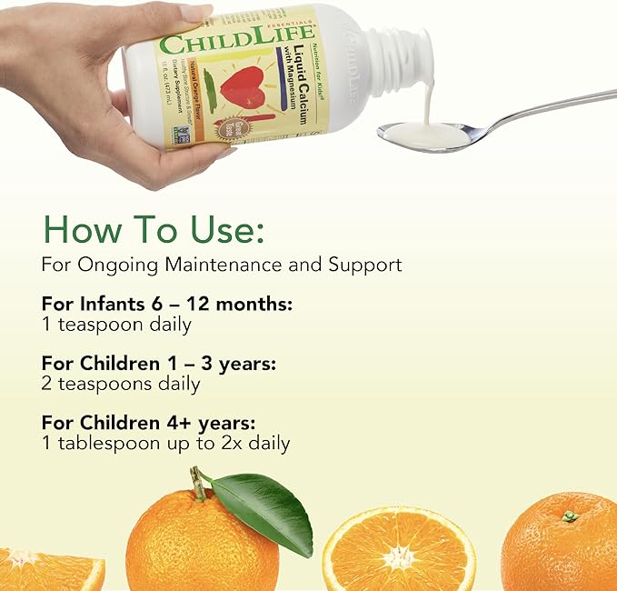 CHILDLIFE ESSENTIALS Liquid Calcium Supplement for Kids - Baby Calcium with Magnesium, Zinc, and Vitamin D3 - Orange Flavor, 16 fl oz (4 Pack)