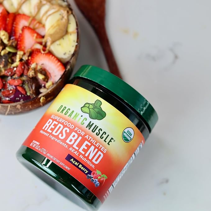 Organic Muscle Super Reds Powder - Organic Greens and Reds Superfood Powder with Organic Acai Berry, Pomegranate & Cranberry for Natural Energy & Metabolism Boost - Vegan & Non-GMO, 30 Servings