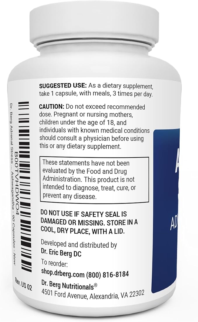 Dr. Bergโs Adrenal Stress Advanced Formula - Adrenal Support Supplements for Stress, Mood and Energy Support - Adrenal Supplements - Cortisol Manager with Ashwagandha - 90 Capsules