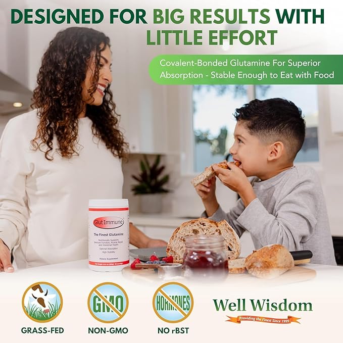 Glut Immune The Finest Glutamine Powder Dairy-Free 300g Well Wisdom - Naturally Superior Covalent Bonded Glutamine Supplement for Gut Health, Immune Focus & Recovery with 60 Servings