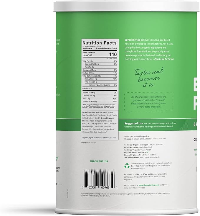 Sprout Living Epic Protein, Plant Based Protein & Superfoods Powder, Green Kingdom | 20 Grams Organic Protein Powder, Greens, Vegan, Non Dairy, Non-GMO, Gluten Free, Low Sugar (2 Pound, 24 Servings)