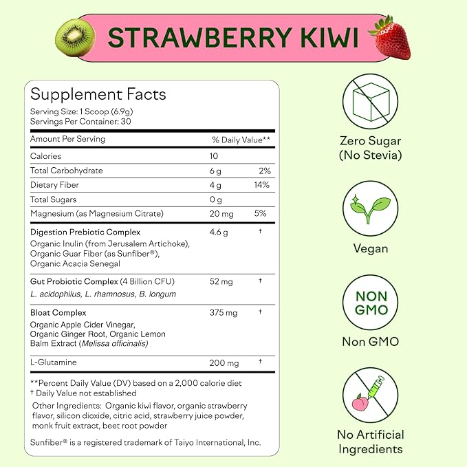 Feel Goods Gut Guardian, Prebiotic & Probiotic Powder, Sugar Free, Organic Fiber, Herbs for Bloat, Gut Health Support, Digestive Health for Men & Women, Non GMO, Vegan | Strawberry Kiwi, 30 Servings