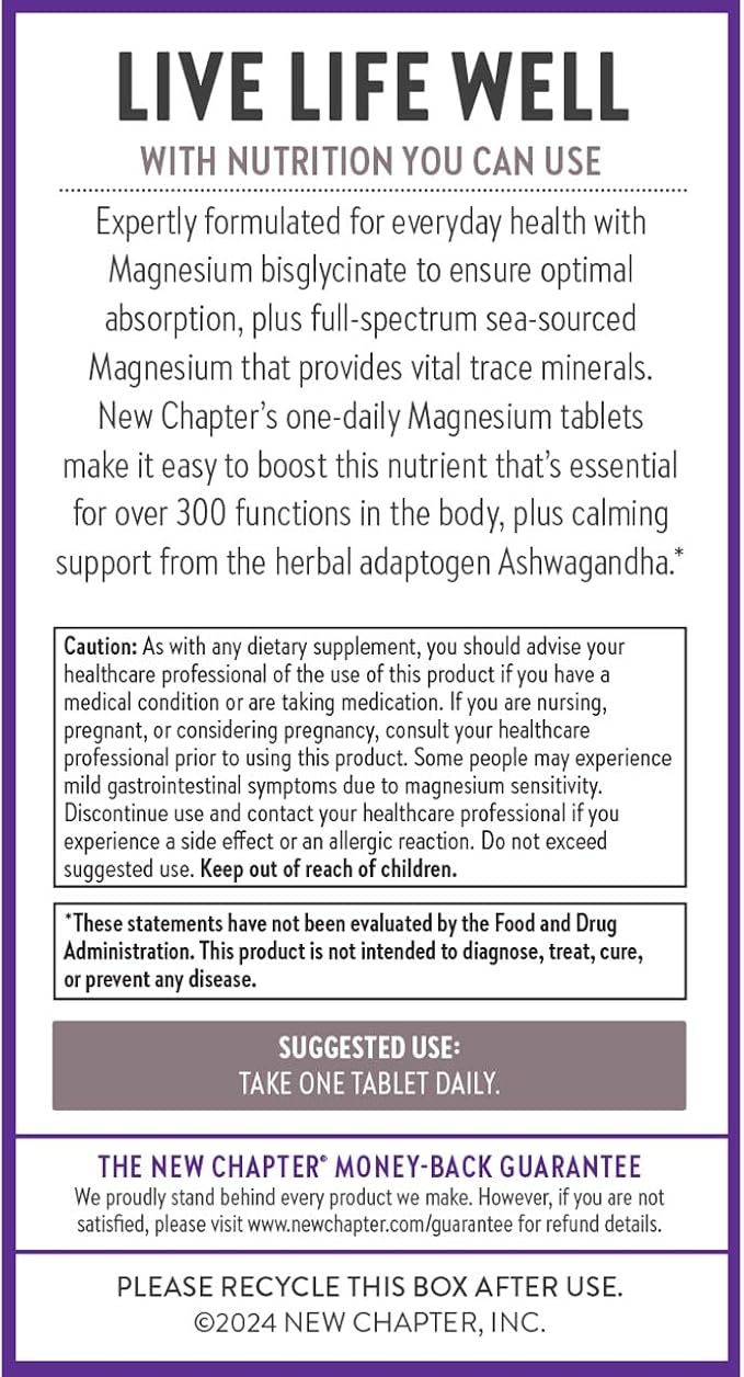 New Chapter Magnesium + Ashwagandha Supplement, 325 mg with Magnesium Glycinate, 2.5x Absorption, Muscle Recovery, Heart & Bone Health, Calm & Relaxation, Gluten Free, Non-GMO - 90 ct (3 Month Supply)
