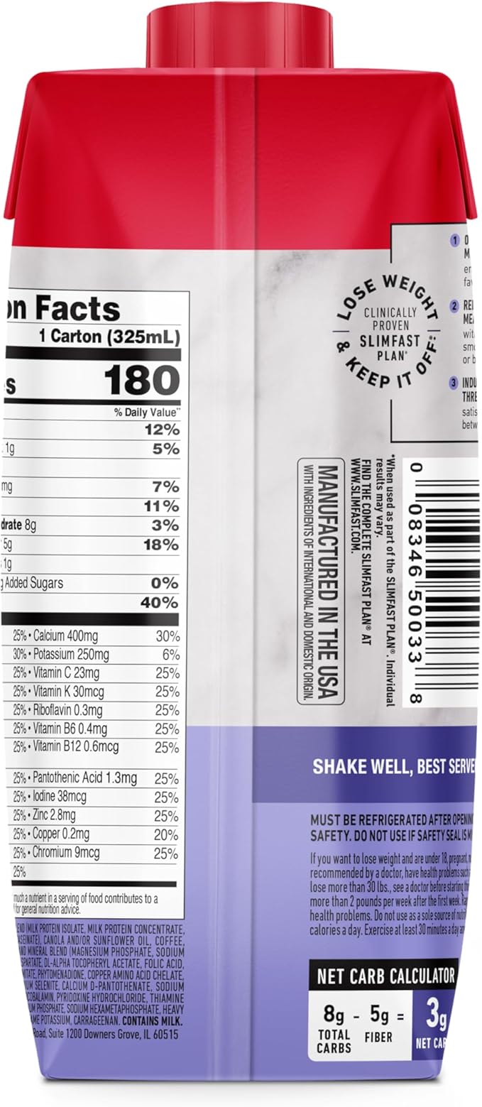 SlimFast Protein Shake with Caffeine, Caramel Macchiato- 20g Protein, Meal Replacement Shakes, High Protein with Low Carb and Low Sugar, 24 Vitamins and Minerals, 12 Count (Pack of 1)