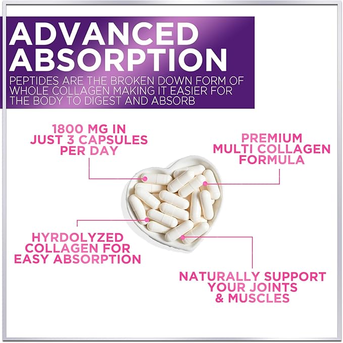 Collagen Peptides Powder Capsules for Women, 1800mg Hydrolyzed Collagen Type I, II, III, V & X, Hair, Nail, Skin, Bone & Joint Support, Collagen for Women & Men, Grass-Fed Collagen - 60 Capsules