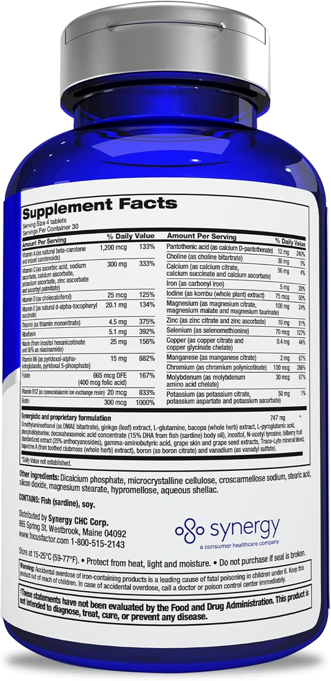Focus Factor Adults Extra Strength, 120 Count- Brain Supplement for Memory, Concentration, Focus - DMAE, Vitamin D, DHA- Brain Health Supplement – Trusted Formula- Brain Vitamins, Focus Pills (2 pk)