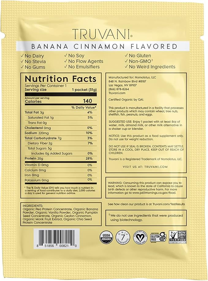 Truvani Vegan Pea Protein Powder | Banana Cinnamon | 20g Organic Plant Based Protein | 1 Serving | Keto | Gluten & Dairy Free | Low Carb | No Added Sugar