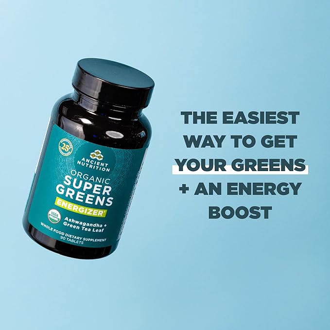 Ancient Nutrition Supergreens Energizer Tablets, Organic Superfood Tablets with Caffeine, Made from Real Fruits, Vegetables and Herbs, for Digestive and Energy Support, 90 Count