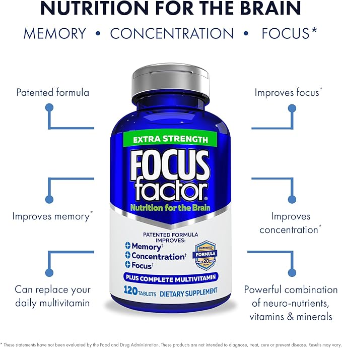 Focus Factor Adults Extra Strength, 120 Count- Brain Supplement for Memory, Concentration, Focus - DMAE, Vitamin D, DHA- Brain Health Supplement – Trusted Formula- Brain Vitamins, Focus Pills (2 pk)