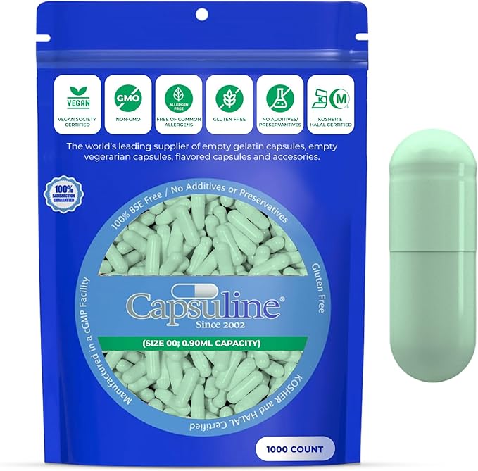 Capsuline Colored Size 00 Empty Vegan Capsules - 1000 Count - Empty Veggie Pill Capsules - DIY Vegetable Capsule Filling - Empty Caps - Kosher and Halal Certified - Non-GMO Certified (Sage Green)