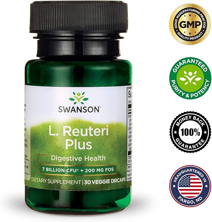 Swanson L. Reuteri Probiotic Plus w/L. Rhamnosus L. Acidophilus & FOS Prebiotic Digestive Support - Promotes Gut Health w/ 7 Billion CFU per Capsule - (30 Veggie Capsules)