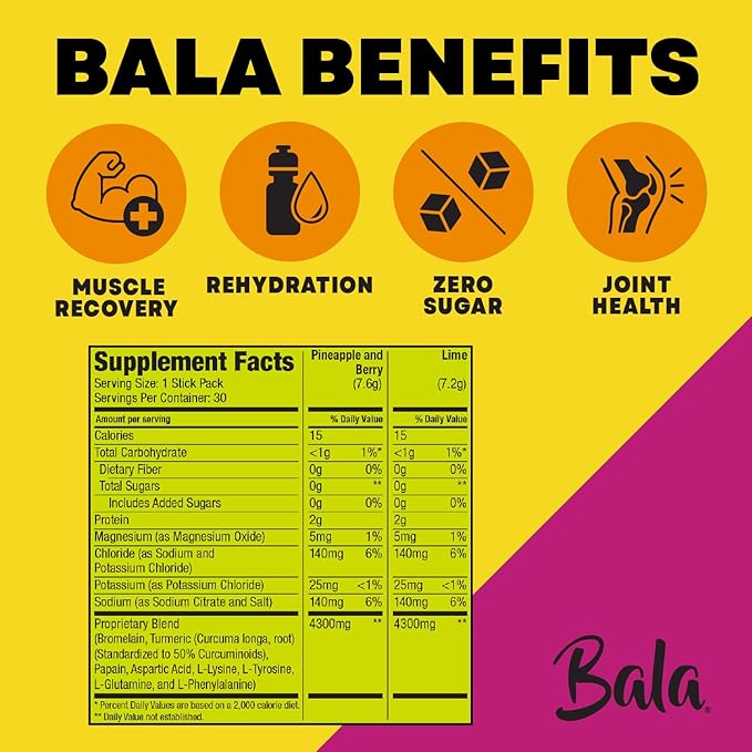 BALA Hydration Turmeric Drink Mix Packet | Sugar-Free Electrolyte Powder, Muscle Recovery, Immune Support, Joint Relief | Plant-Based Enzymes, Bromelain -Variety 1 Count (Pack of 30)