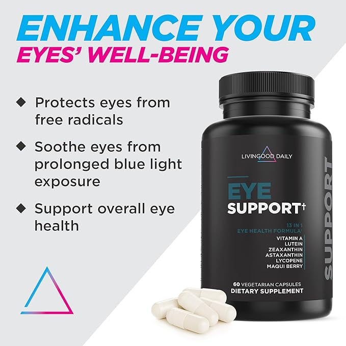 Livingood Daily Lutein & Zeaxanthin Supplements, Eye Support (60 Vegetarian Capsules) - Eye Vitamins with Astaxanthin, Vitamin A, Maqui Berry & Lycopene Support Eye Health - Eye Supplements for Adults