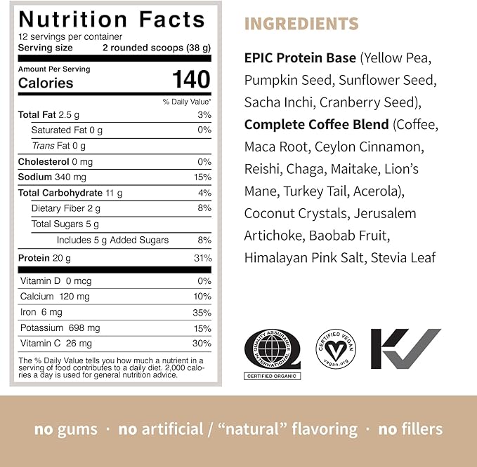 Sprout Living, Epic Protein, Plant Based Protein & Superfoods Powder, Complete Coffee | 20 Grams Organic Protein Powder, Adaptogens, Mushrooms, Vegan, Non-GMO, Gluten Free (1 Pound, 12 Servings)