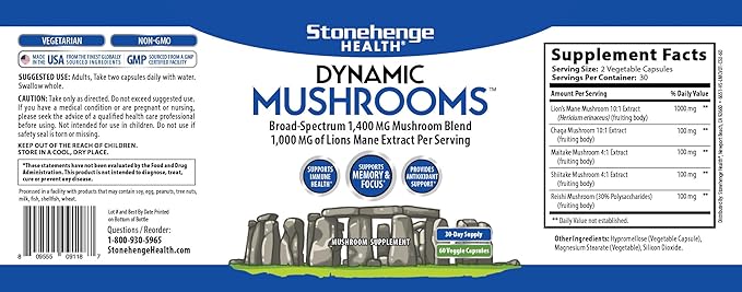 Stonehenge Health Dynamic Mushrooms - 100% Fruiting Bodies & Extracts - Lion’s Mane, Chaga, Maitake, Shiitake, Reishi - Nootropic Brain & Immune System Support - No Mycelium - 60 Veggie Capsules